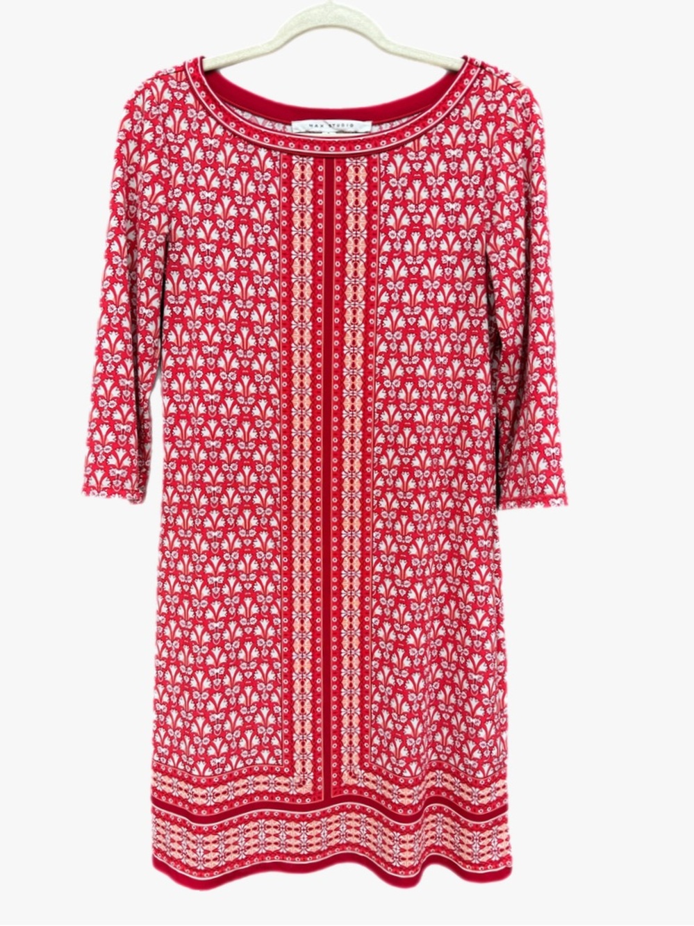 Max Studio Red Floral Mini Dress Size S Boho 3/4 Sleeve Shift Casual